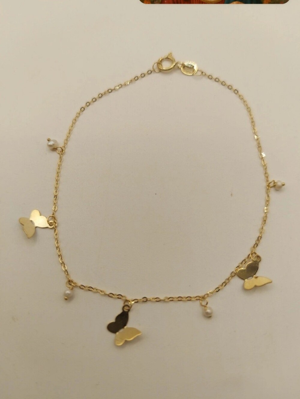 Golden Clef 10K Gold Butterfly Charm Bracelet 7” Italy Pearl Dangle New .5g